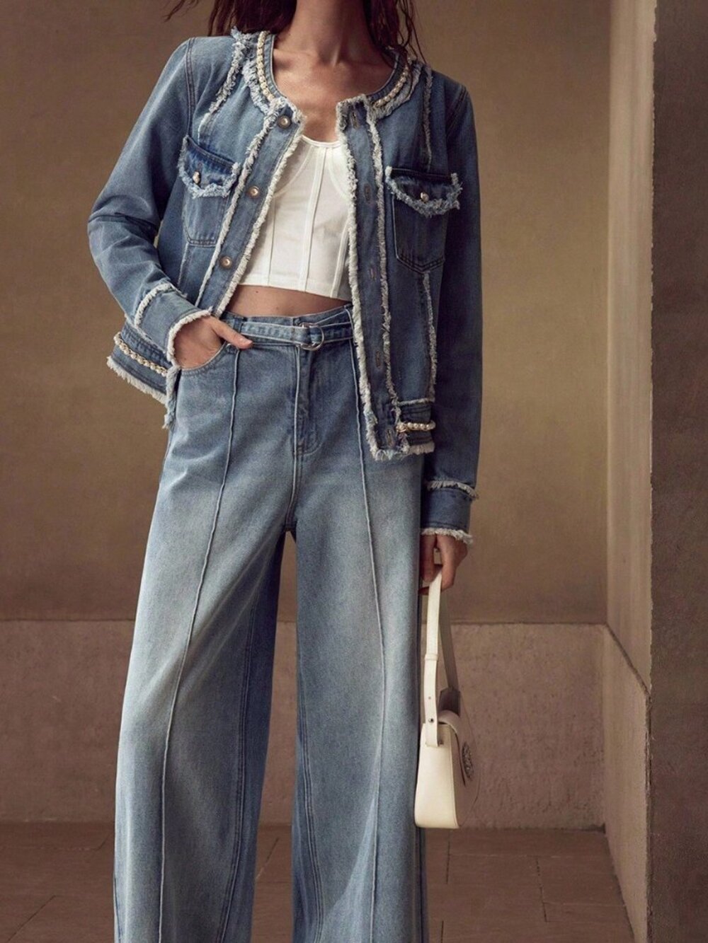 Blue Casual Women's Faux Pearl Chain Detail Raw Edge Flap Pocket Denim Jacket - Picture 5 of 6